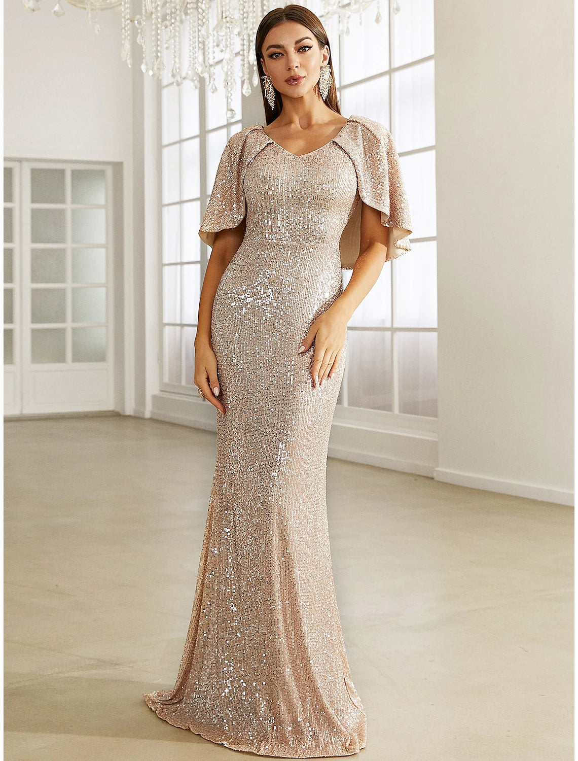 Mermaid / Trumpet Evening Gown Elegant Dress Formal Fall Sweep / Brush Train Half Sleeve V Neck Sequined with Glitter