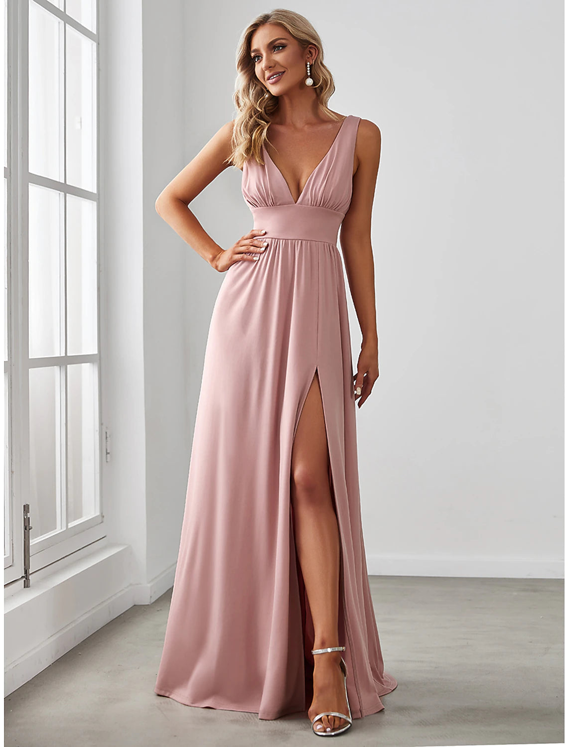 A-Line Prom Party Dress High Split Dress Wedding Guest Formal Evening Floor Length Sleeveless V Neck Bridesmaid Dress Chiffon V Back with Slit Pure Color