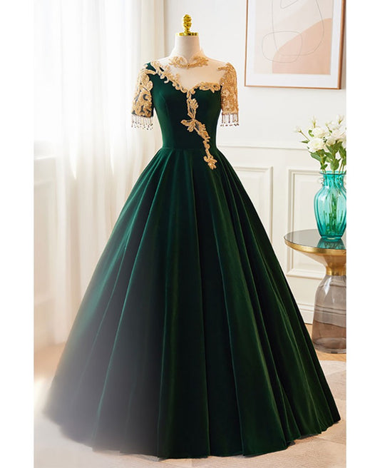 Vintage dark green velvet beaded rhinestone tassel high necked short sleeved ball dress with dark green A-line backless print and floor length evening dress