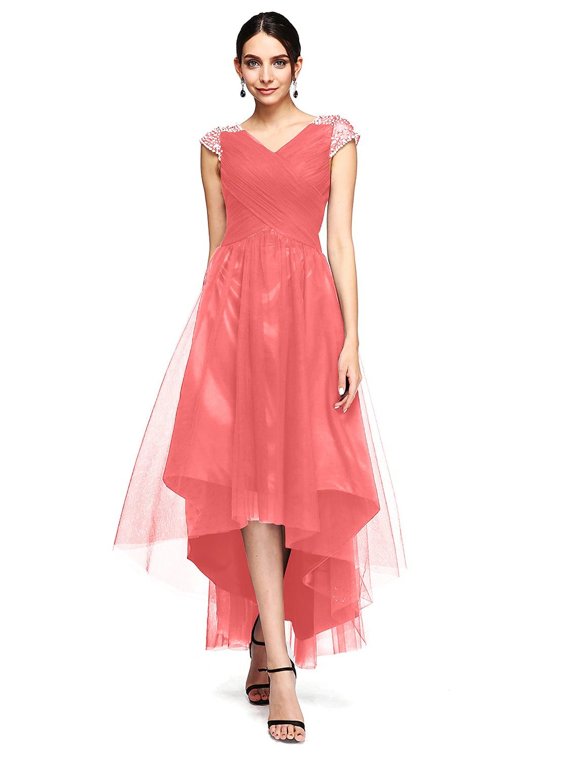 A-Line Special Occasion Dresses Open Back Dress Wedding Guest Prom Asymmetrical Short Sleeve V Neck Tulle with Criss Cross Beading