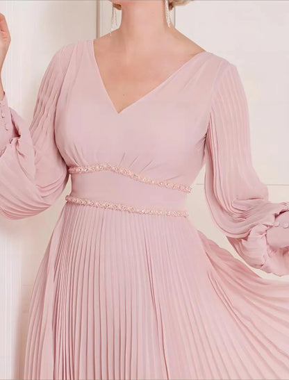 A-Line Mother of the Bride Dress Kentucky Derby Dresses Formal Wedding Guest Elegant Scoop Neck V Neck Tea Length Chiffon Long Sleeve with Crystals Ruching Solid Color