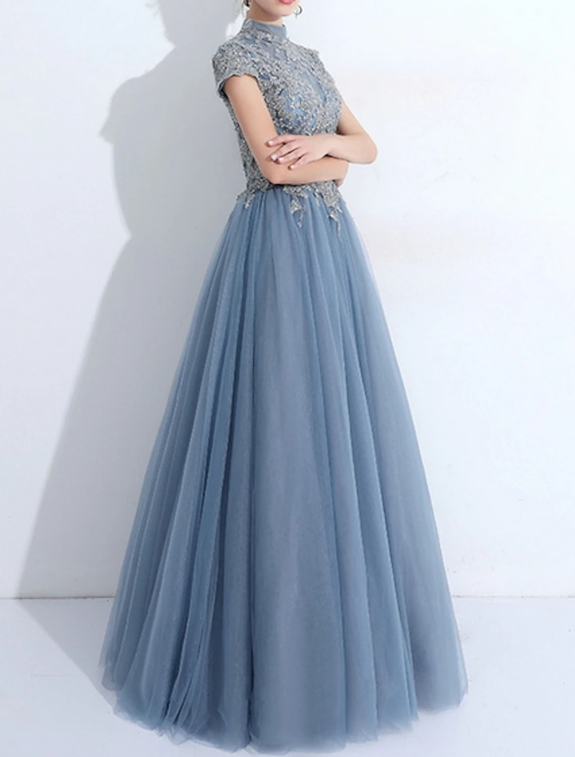 A-Line Evening Gown Elegant Dress Wedding Guest Quinceanera Floor Length Short Sleeve High Neck Tulle with Pleats Appliques