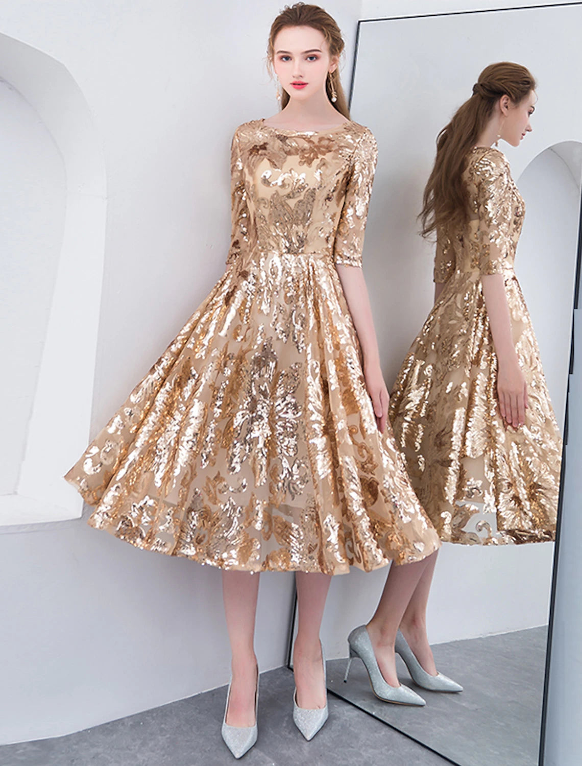 A-Line Cocktail Dresses Party Dress Holiday Wedding Guest Tea Length Half Sleeve Jewel Neck Sequined with