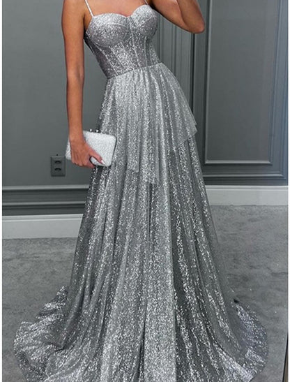 A-Line Evening Gown Elegant Dress Formal Sweep / Brush Train Sleeveless Spaghetti Strap Sequined with Glitter Pleats