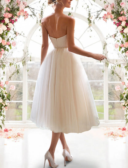 Reception Little White Dresses Wedding Dresses A-Line Sweetheart Strapless Tea Length Tulle Bridal Gowns With Sashes / Ribbons Pleats