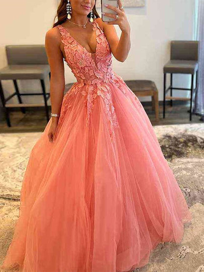 Ball Gown Tulle Applique V-neck Sleeveless Floor-Length Dresses