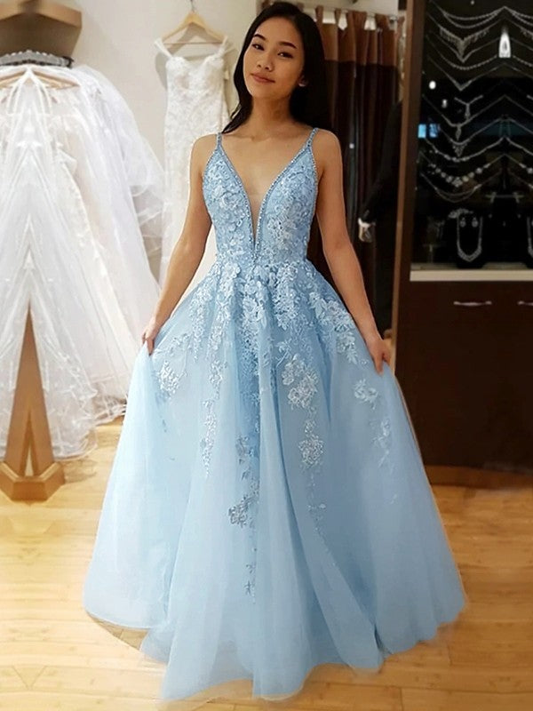 A-Line/Princess Tulle Applique V-neck Sleeveless Sweep/Brush Train Dresses