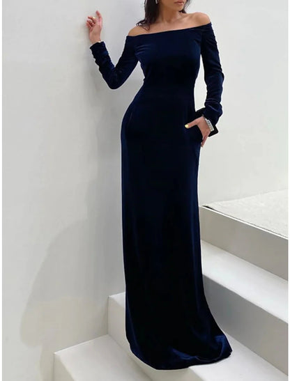 Sheath / Column Wedding Guest Dresses Elegant Dress Formal Black Tie Gala Floor Length Long Sleeve Off Shoulder Velvet with Pure Color