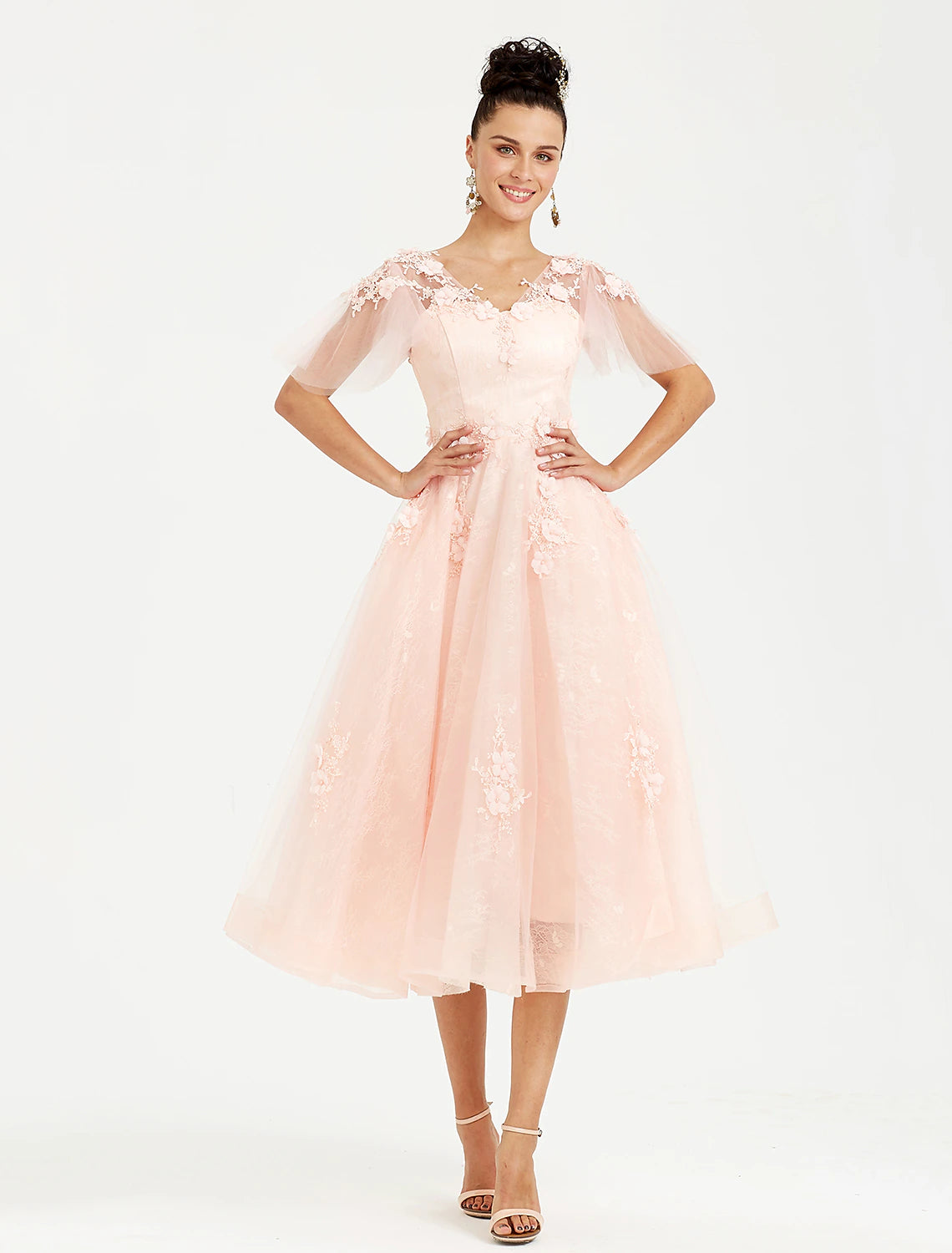 A-Line Prom Dresses Elegant Dress Wedding Guest Cocktail Party Tea Length Short Sleeve V Neck Tulle with Appliques