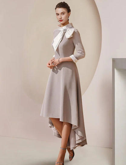 A-Line Mother of the Bride Dress Formal Wedding Guest Party Elegant High Neck Asymmetrical Tea Length Satin 3/4 Length Sleeve with Bow(s) Crystal Brooch