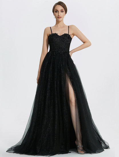 A-Line Prom Dresses Glittering Dress Masquerade photoshoot Floor Length Sleeveless Sweetheart Tulle with Appliques