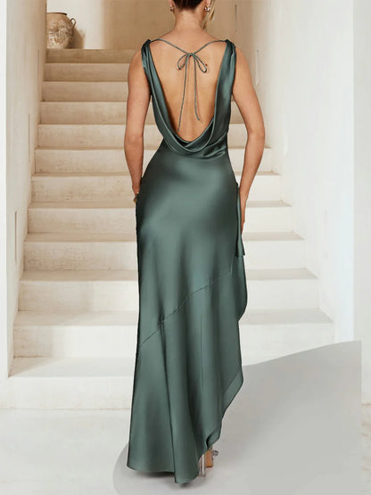 Tight fitting/straight V-neck and ankle fold side slits and floor length evening gown