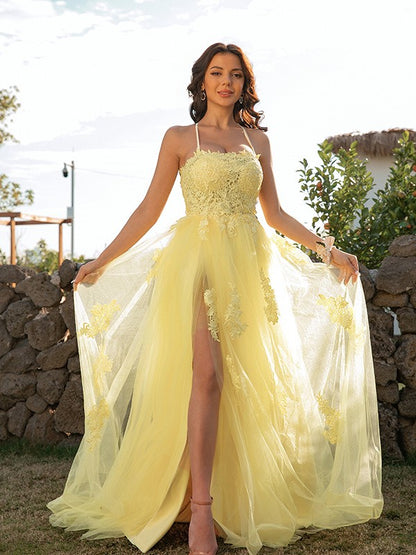 A-Line/Princess Tulle Applique Halter Sleeveless Sweep/Brush Train Dresses