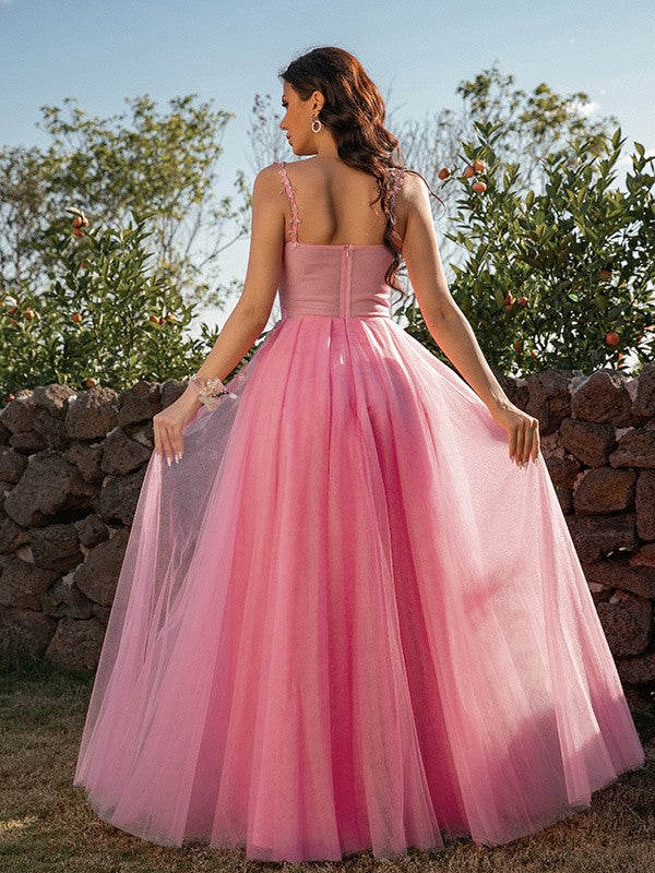 A-Line/Princess Tulle Applique Straps Sleeveless Floor-Length Dresses