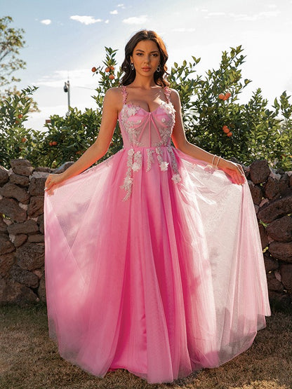 A-Line/Princess Tulle Applique Straps Sleeveless Floor-Length Dresses