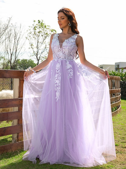 A-Line/Princess Tulle Applique V-neck Sleeveless Floor-Length Dresses