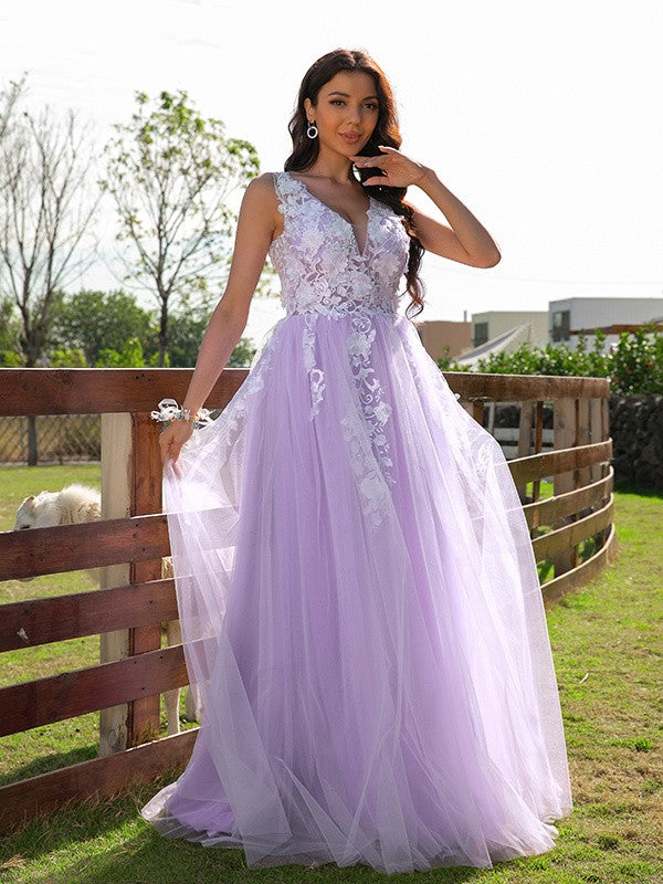 A-Line/Princess Tulle Applique V-neck Sleeveless Floor-Length Dresses