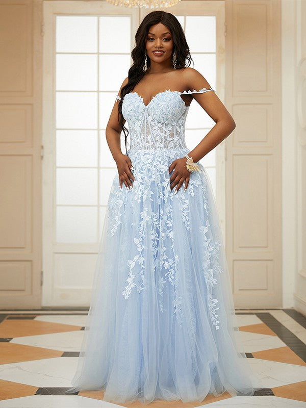 A-Line/Princess Tulle Applique Off-the-Shoulder Sleeveless Floor-Length Dresses