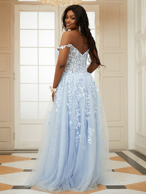 A-Line/Princess Tulle Applique Off-the-Shoulder Sleeveless Floor-Length Dresses