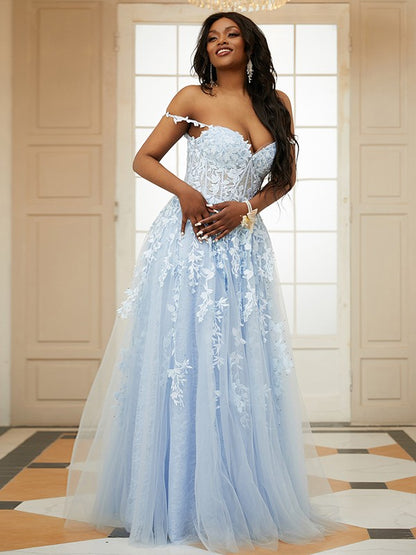 A-Line/Princess Tulle Applique Off-the-Shoulder Sleeveless Floor-Length Dresses