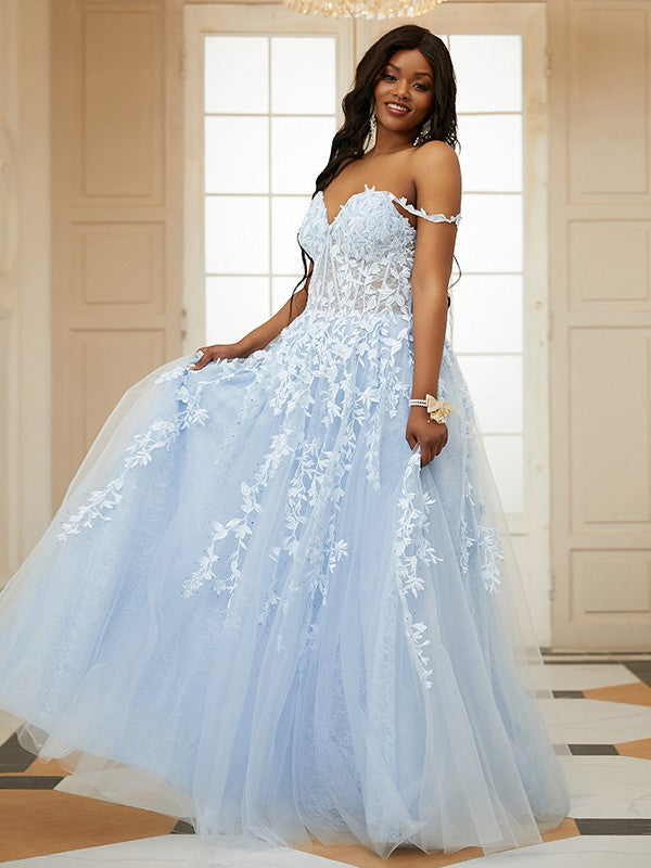 A-Line/Princess Tulle Applique Off-the-Shoulder Sleeveless Floor-Length Dresses