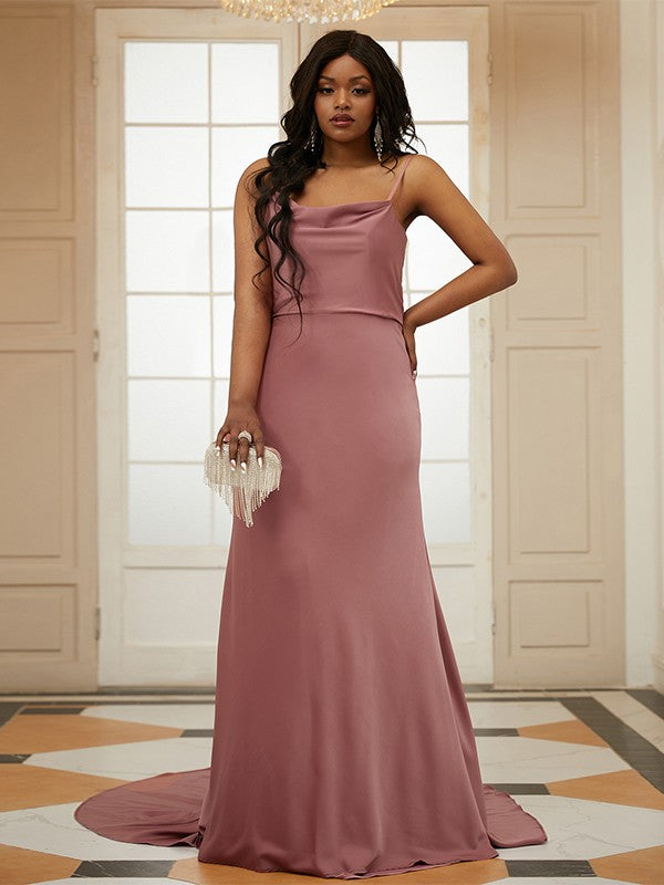 Sheath/Column NS Elastic Woven Satin Ruched Spaghetti Straps Sleeveless Sweep/Brush Train Dresses