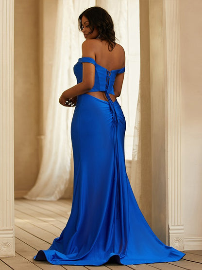 Sheath/Column Jersey Ruffles Off-the-Shoulder Sleeveless Sweep/Brush Train Dresses