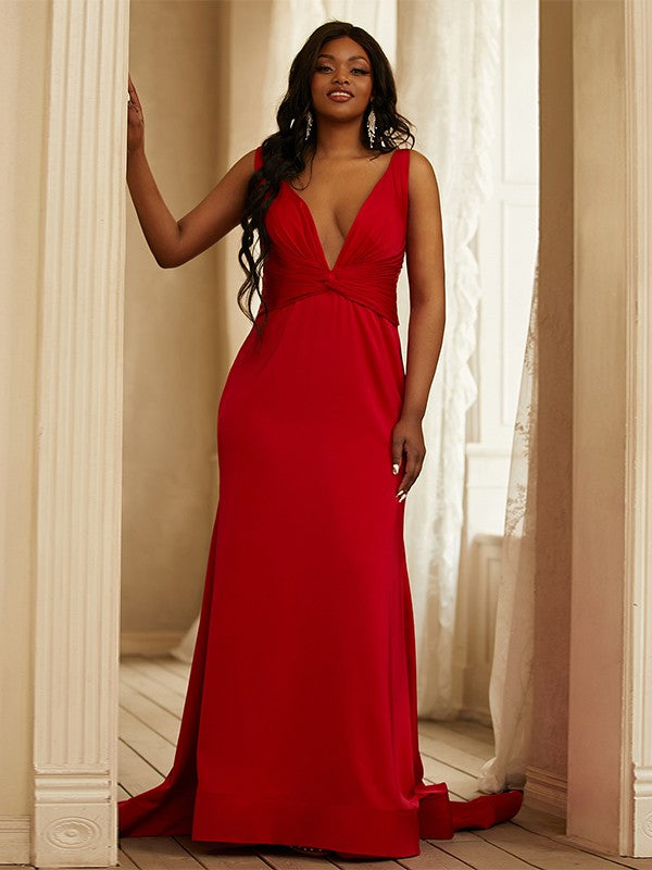 Sheath/Column Satin Ruched V-neck Sleeveless Sweep/Brush Train Dresses