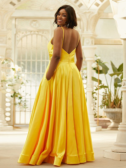 A-Line/Princess Silk like Satin Ruffles V-neck Sleeveless Floor-Length Dresses