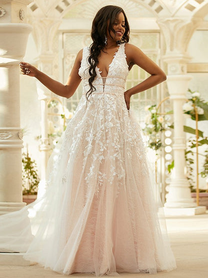 A-Line/Princess Tulle Applique V-neck Sleeveless Floor-Length Dresses