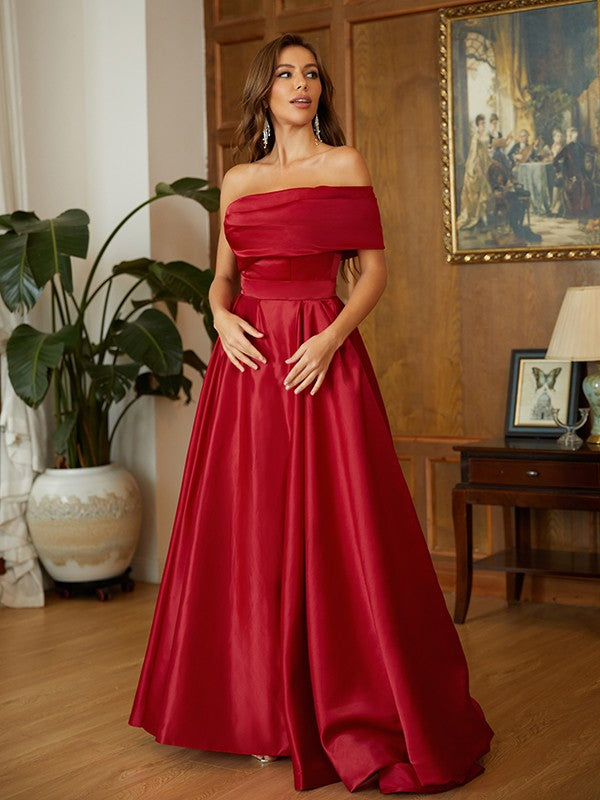 A-Line/Princess Satin Ruffles One-Shoulder Sleeveless Sweep/Brush Train Dresses