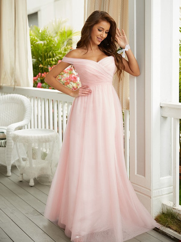 A-Line/Princess Tulle Ruched Off-the-Shoulder Sleeveless Floor-Length Dresses