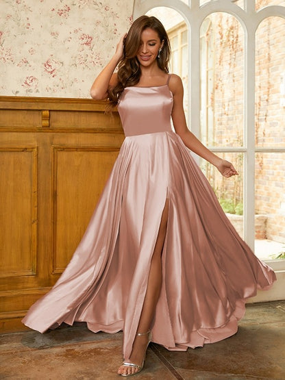 A-Line/Princess Silk like Satin Ruffles Spaghetti Straps Sleeveless Sweep/Brush Train Dresses