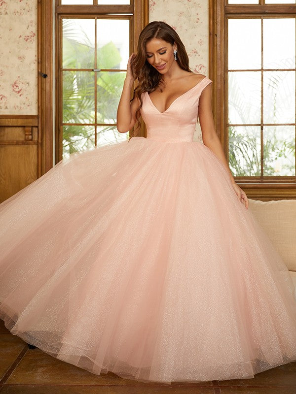 Ball Gown Tulle Ruffles V-neck Sleeveless Floor-Length Dresses