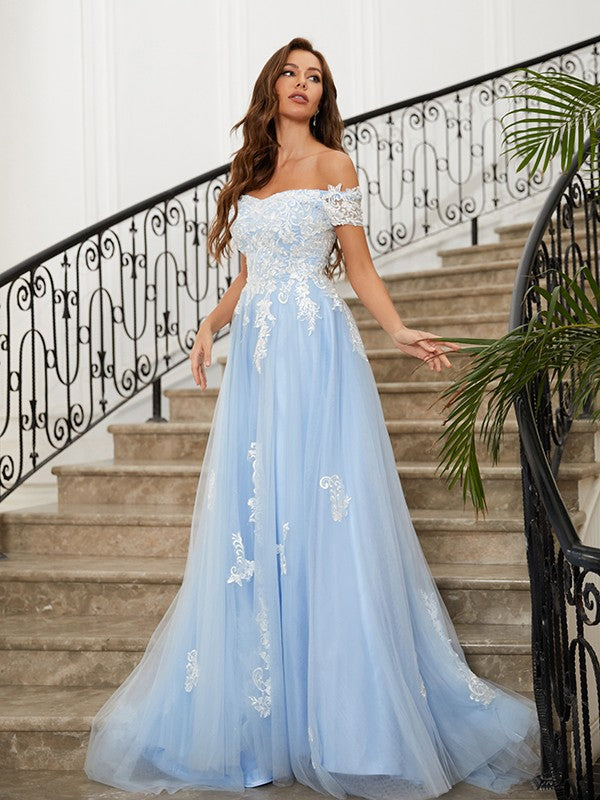 A-Line/Princess Tulle Applique Off-the-Shoulder Sleeveless Sweep/Brush Train Dresses