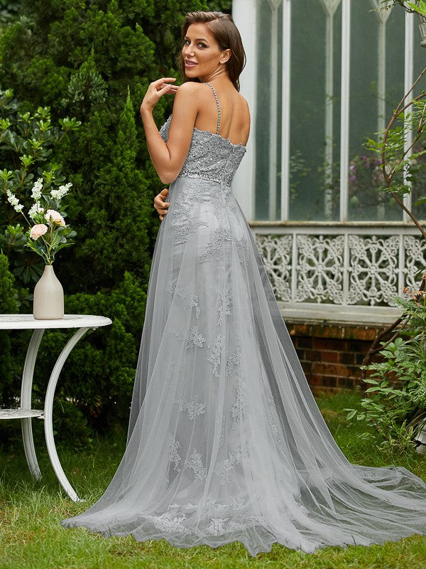 A-Line/Princess Tulle Lace V-neck Sleeveless Sweep/Brush Train Dresses