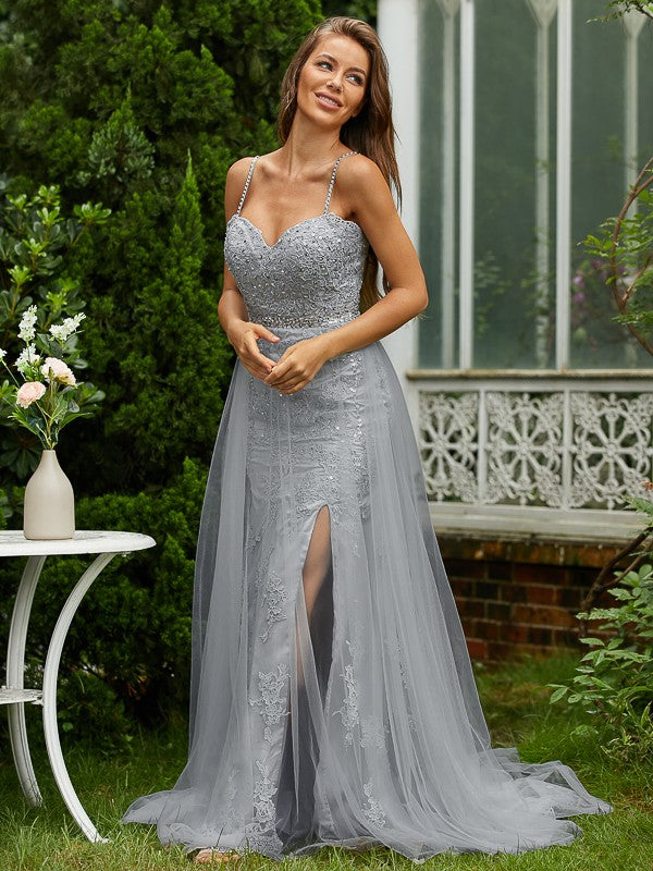 A-Line/Princess Tulle Lace V-neck Sleeveless Sweep/Brush Train Dresses