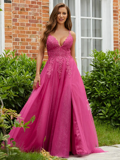 A-Line/Princess Tulle Applique V-neck Sleeveless Sweep/Brush Train Dresses