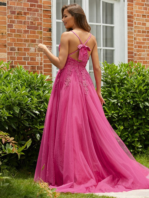 A-Line/Princess Tulle Applique V-neck Sleeveless Sweep/Brush Train Dresses