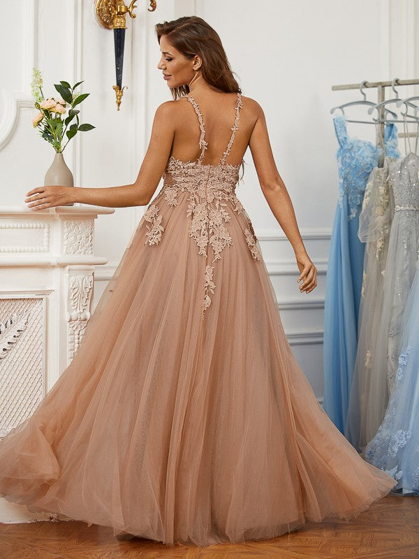 A-Line/Princess Tulle Applique V-neck Sleeveless Floor-Length Dresses