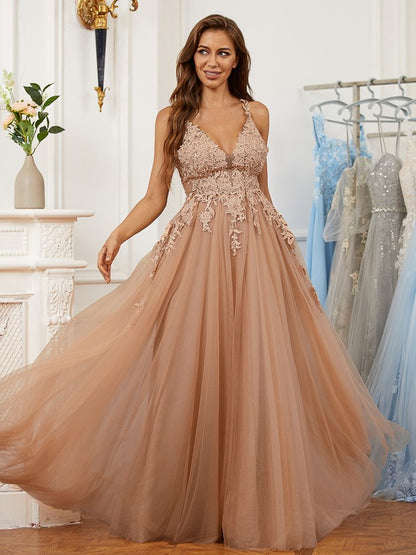 A-Line/Princess Tulle Applique V-neck Sleeveless Floor-Length Dresses