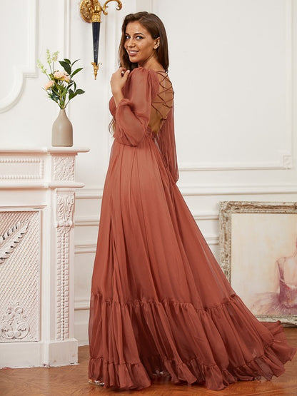 A-Line/Princess 30D Chiffon Ruffles V-neck Long Sleeves Sweep/Brush Train Dresses