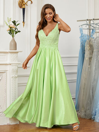 A-Line/Princess  Woven Satin Lace V-neck Sleeveless Floor-Length Dresses