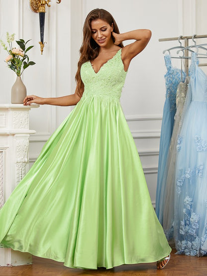 A-Line/Princess  Woven Satin Lace V-neck Sleeveless Floor-Length Dresses