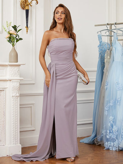 Sheath/Column Stretch Crepe Ruched Strapless Sleeveless Sweep/Brush Train Dresses