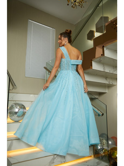 A-Line/Princess Organza Beading Scoop Sleeveless Floor-Length Dresses