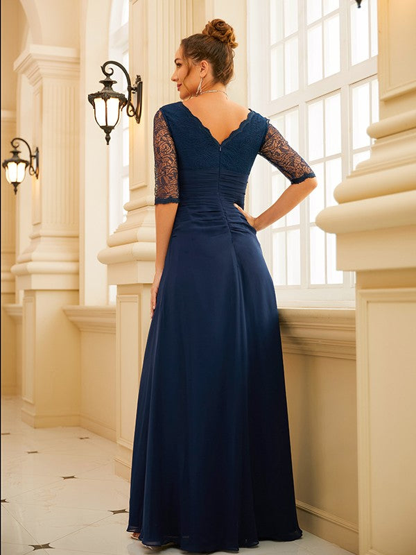 A-Line/Princess Chiffon Ruched V-neck 1/2 Sleeves Floor-Length Dresses