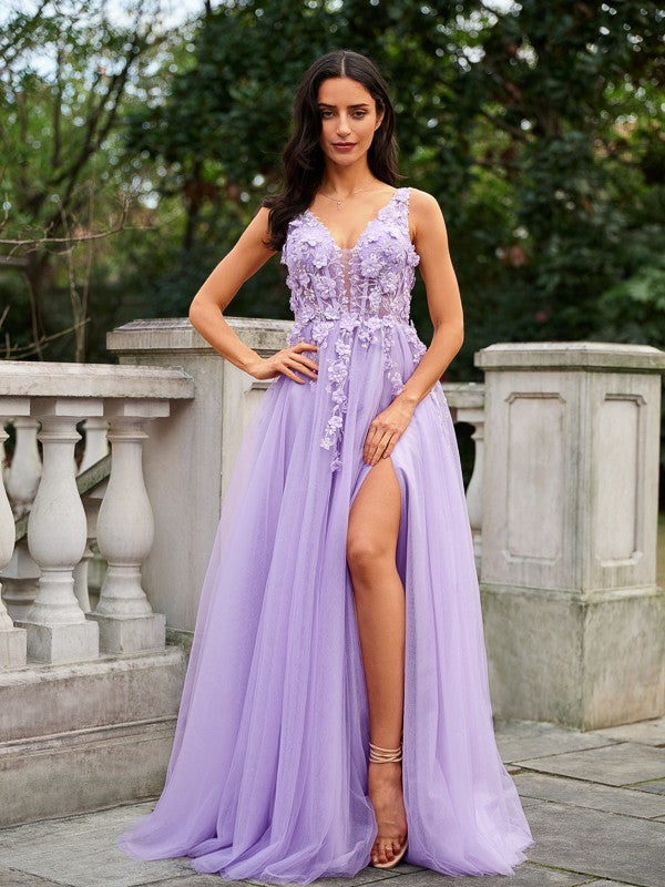 A-Line/Princess Tulle Applique V-neck Sleeveless Floor-Length Dresses