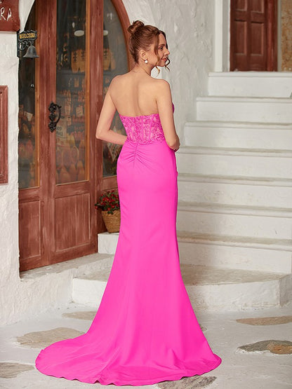 Sheath/Column Stretch Crepe Applique Sweetheart Sleeveless Sweep/Brush Train Dresses