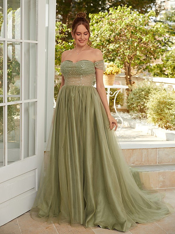 A-Line/Princess Tulle Ruched Off-the-Shoulder Sleeveless Court Train Dresses